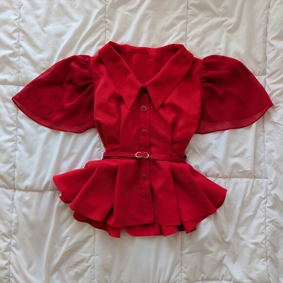 Chiffon Wing Sleeves Peplum Blouse in Red (Belt Set) - Picture 9 of 9